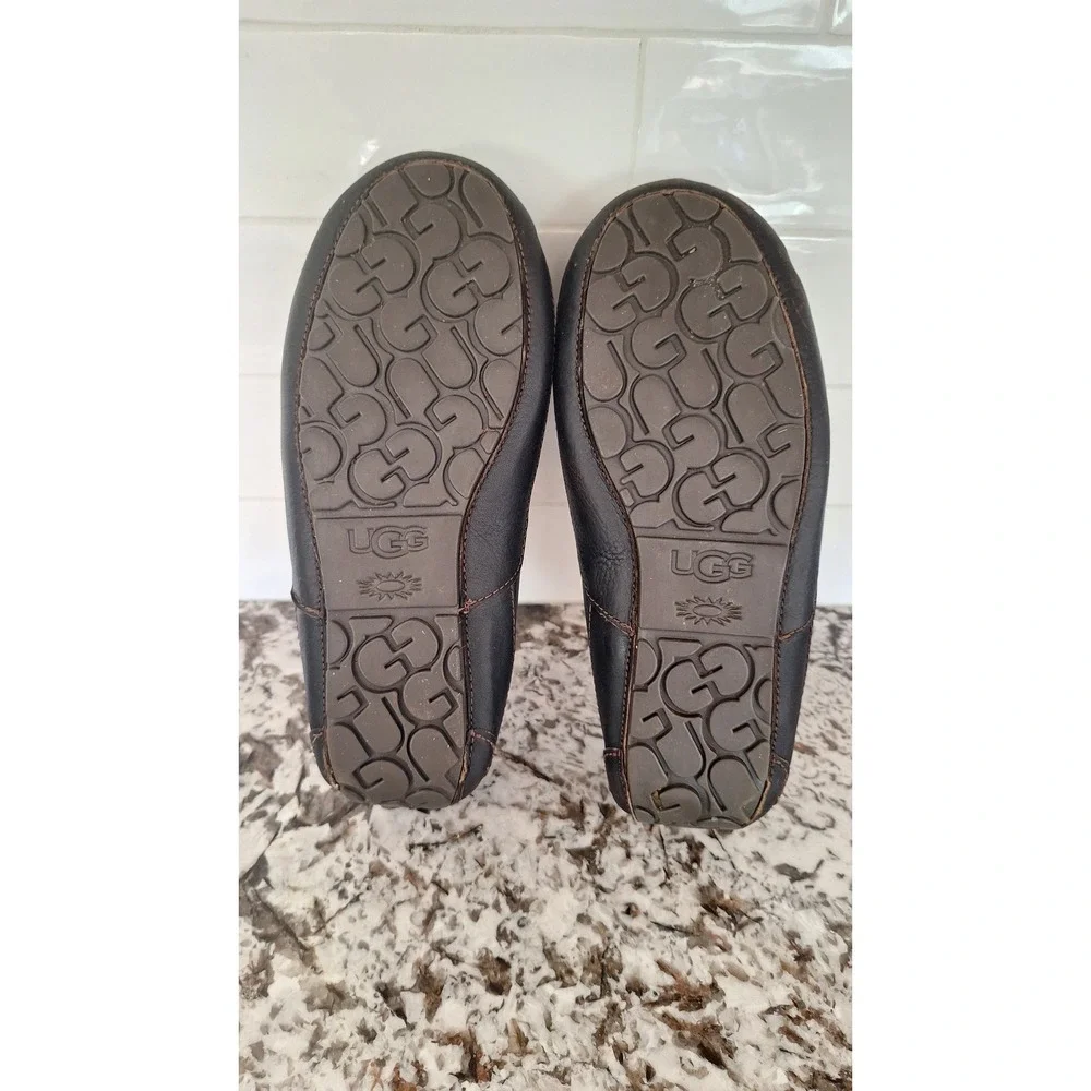UGG Ascot Leather Casual Foam Footbed Wool Blend‎ Slippers 7EEE Brown Slip On